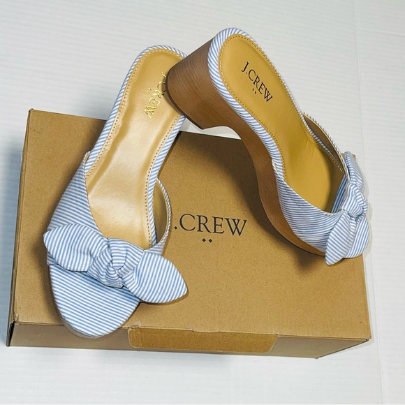 J. CREW SANDALS PRINTED BOW-HEEL MULES WOMEN’S  PLATFORM WOOD BLUE COLOR SIZE 9 - Picture 4 of 7